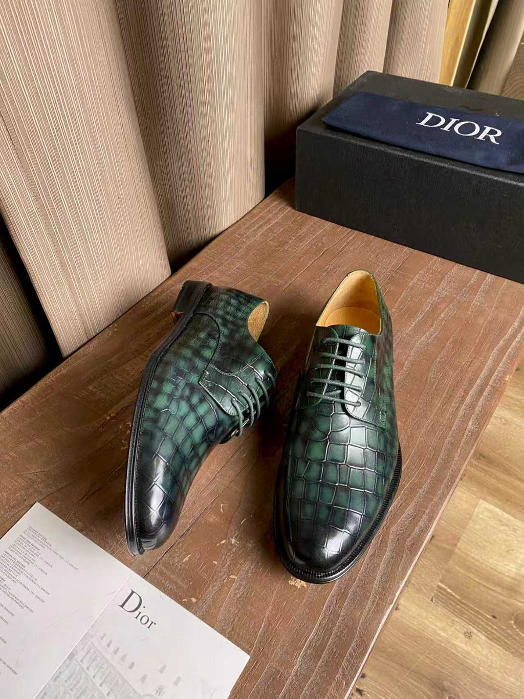 Dior unisex lace-up dress shoes, dark green metallic crocodile-pattern leather