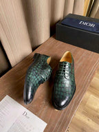 Dior unisex lace-up dress shoes, dark green metallic crocodile-pattern leather