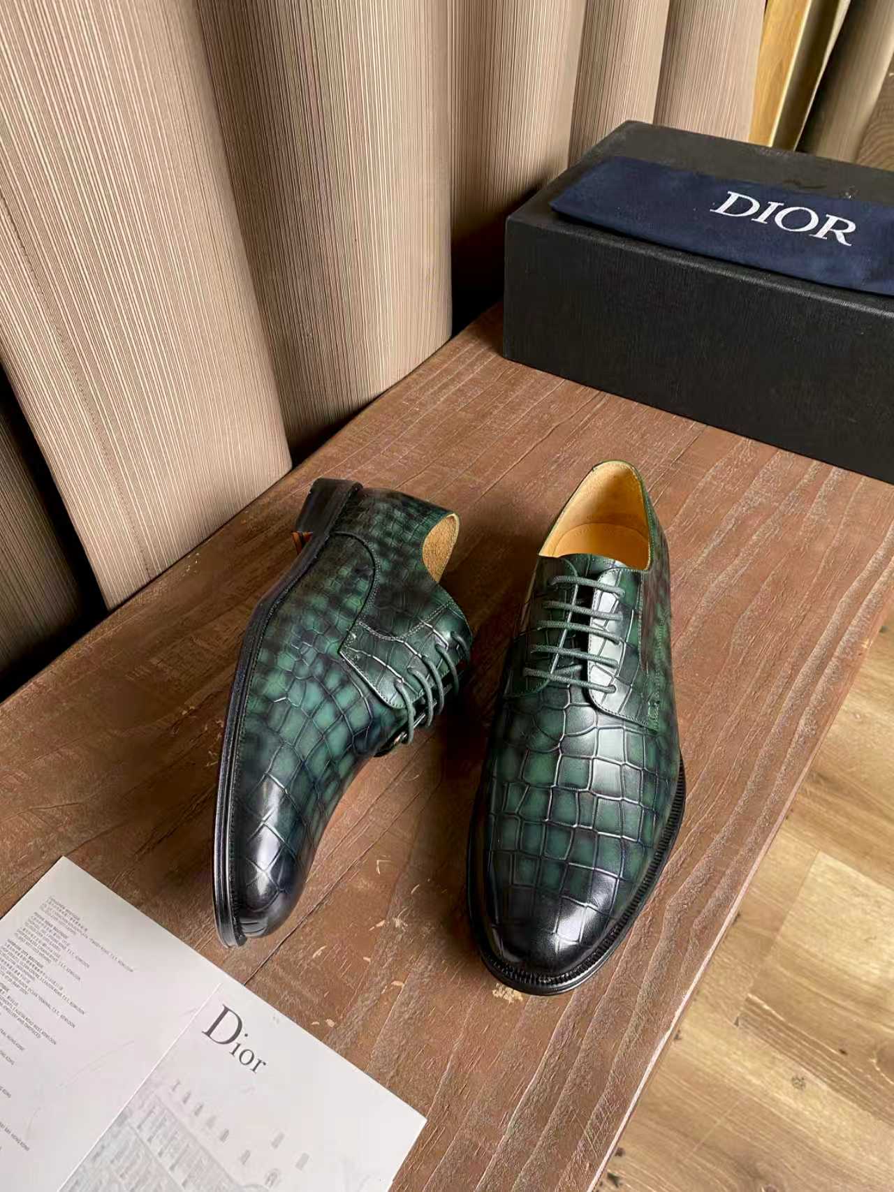 Dior unisex lace-up dress shoes, dark green metallic crocodile-pattern leather