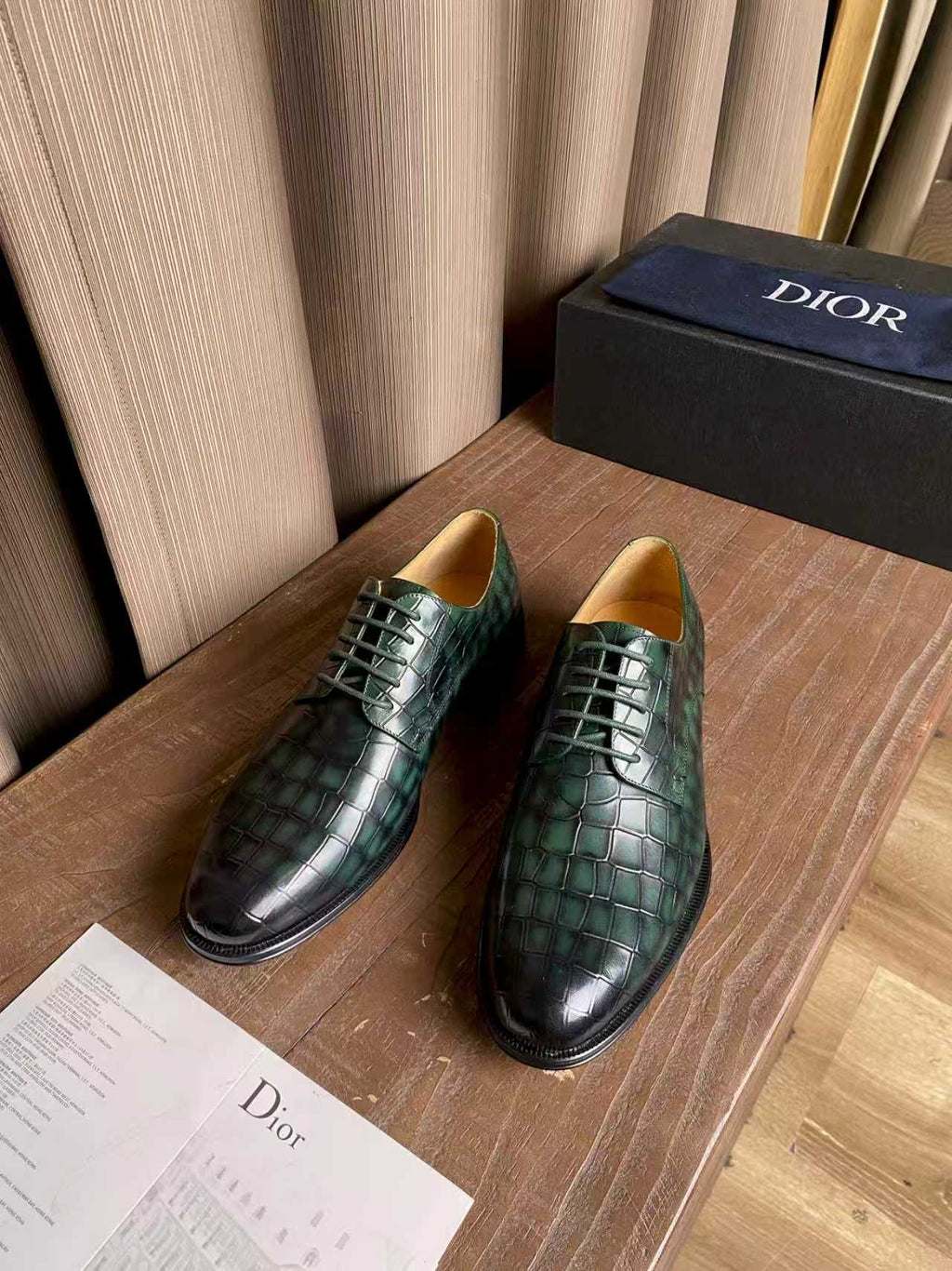 Dior unisex lace-up dress shoes, dark green metallic crocodile-pattern leather