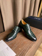 Dior unisex lace-up dress shoes, dark green crocodile-pattern leather with laces