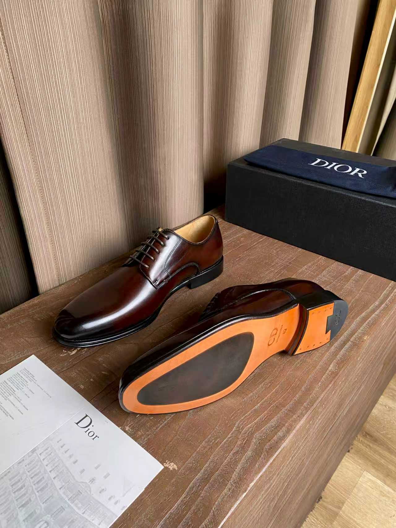 Dior unisex leather oxford shoes with orange outsole, dark brown and lace-up front