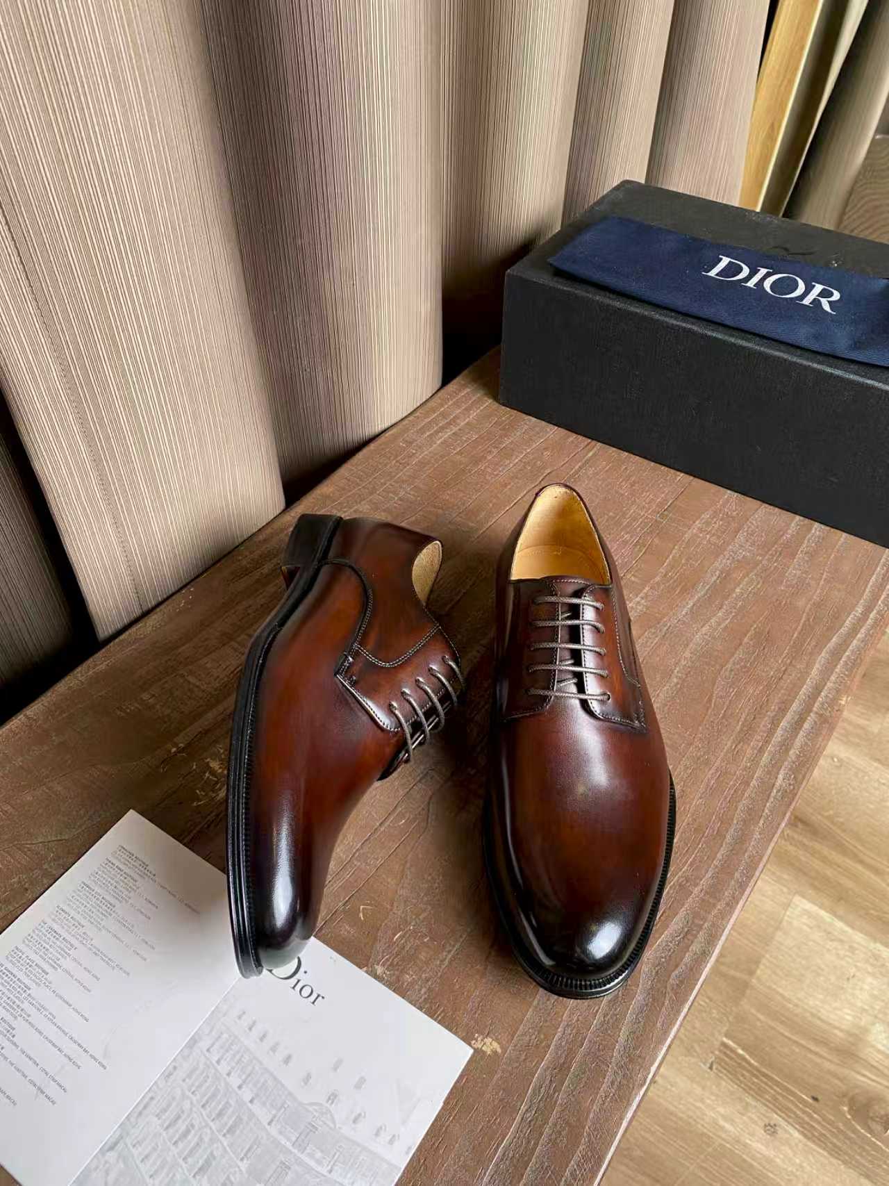 Dior unisex leather oxford shoes, dark brown with side profile and lace-up front