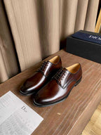 Dior unisex leather oxford shoe toe and laces in dark brown, close-up