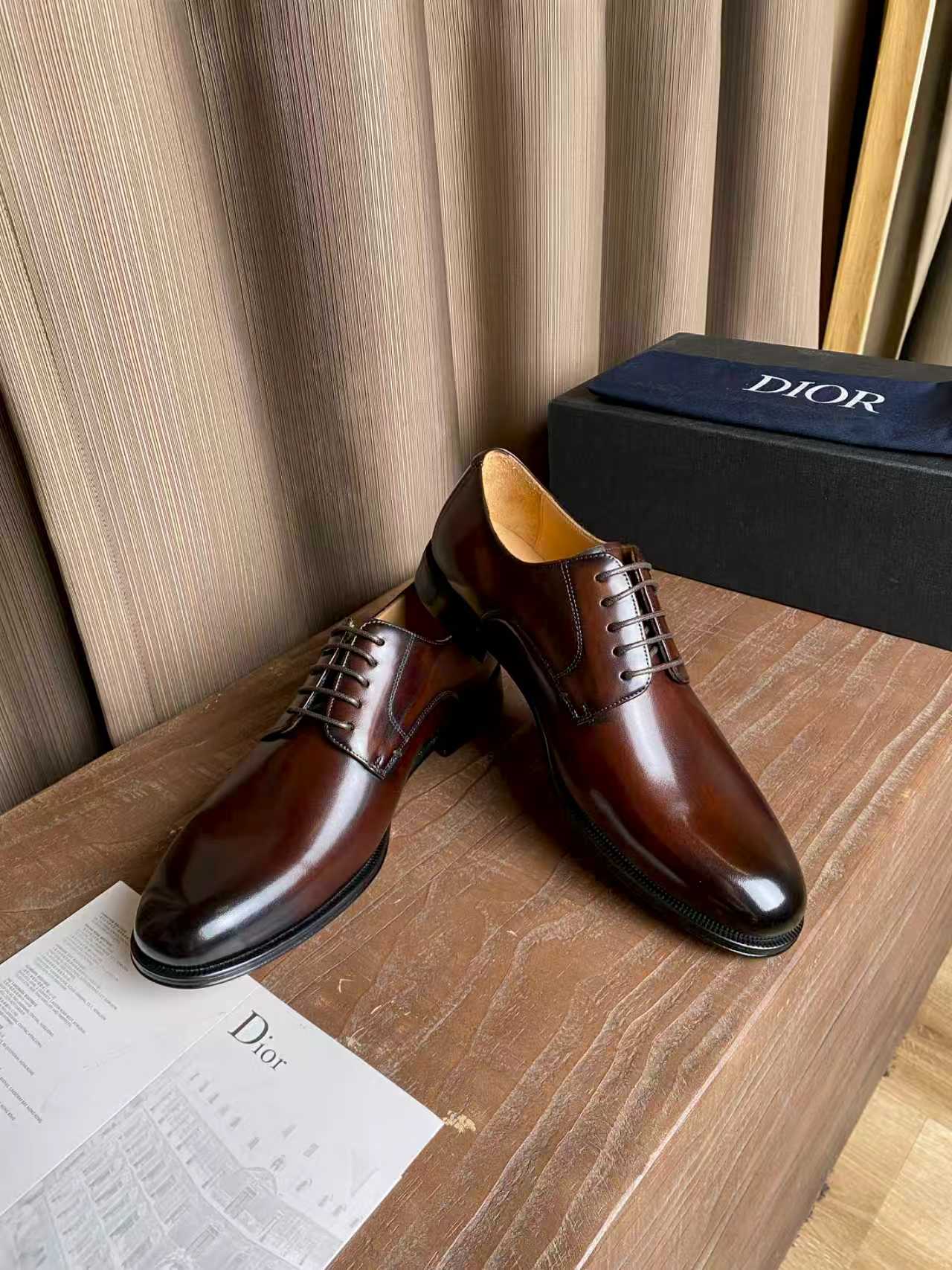 Dior unisex lace-up leather oxford shoes, dark brown with low-profile heel