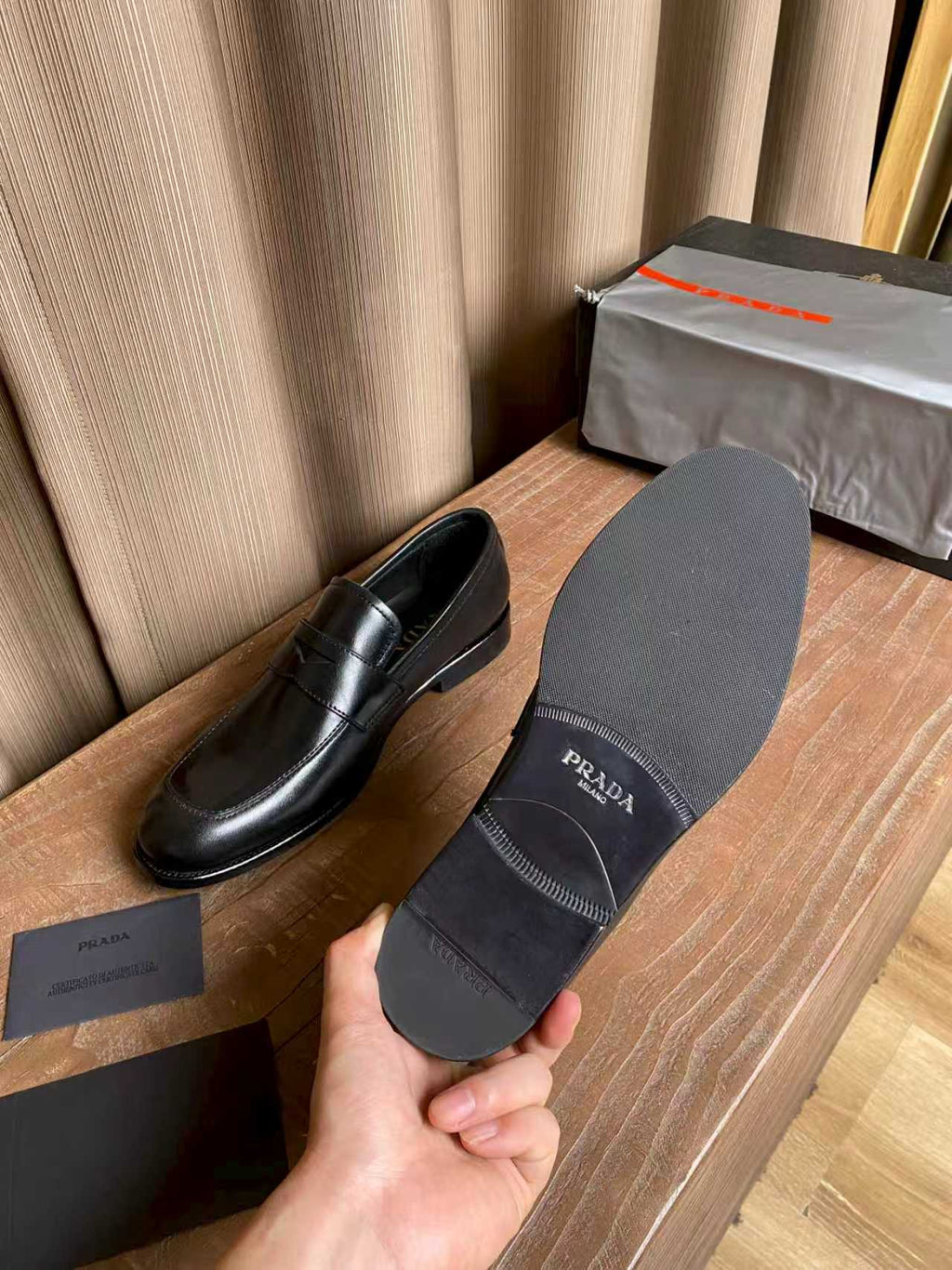 Prada unisex loafer sole with Prada logo patch and cushioned insole
