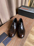 Prada unisex leather loafers, dark brown glossy finish with logo hardware