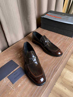 Prada unisex leather loafers, dark brown slip-on shoes with logo hardware