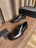 Prada unisex leather loafers, dark brown glossy with stacked heel and logo plate
