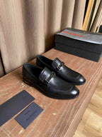 Prada unisex leather loafers, dark black with strap buckle detail
