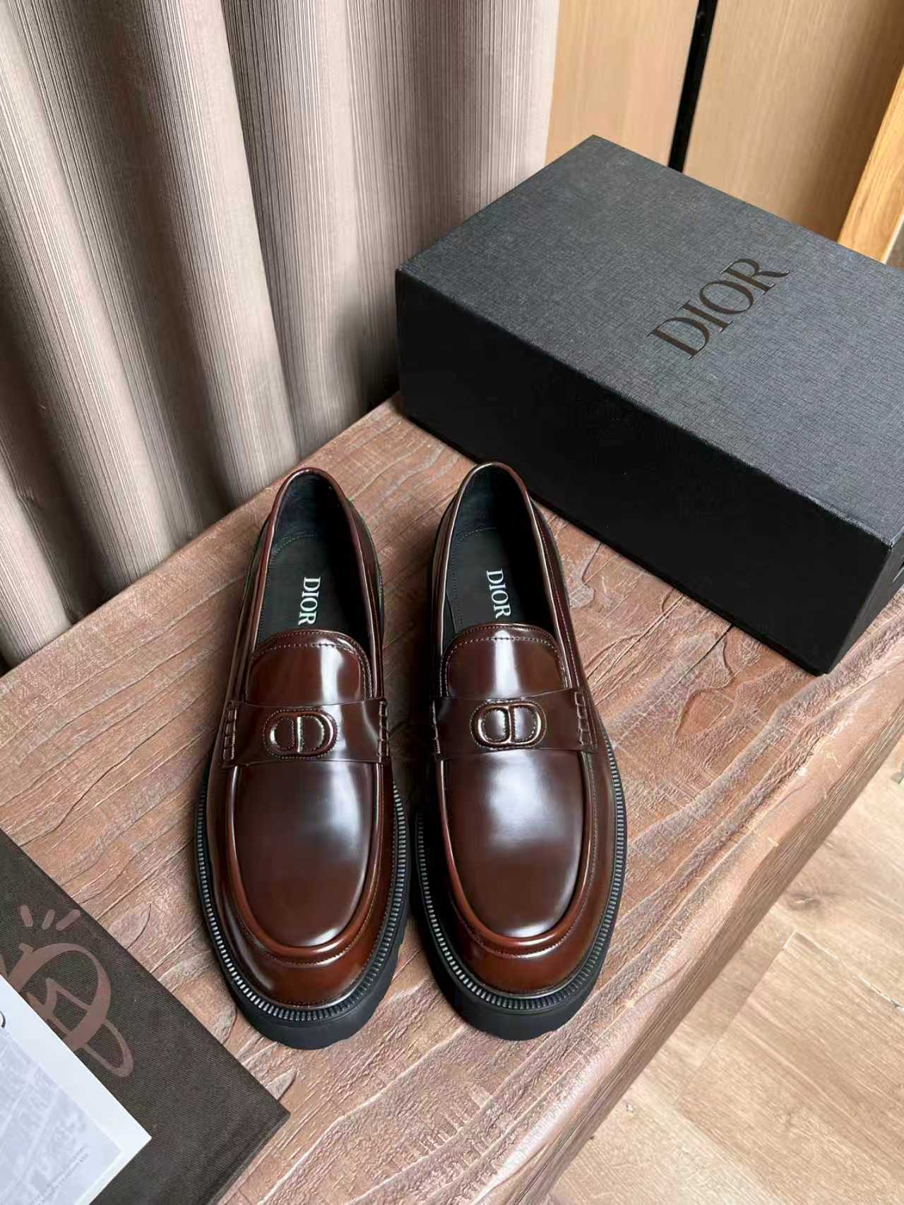 Dior unisex leather loafers, brown slip-on with CD buckle detail