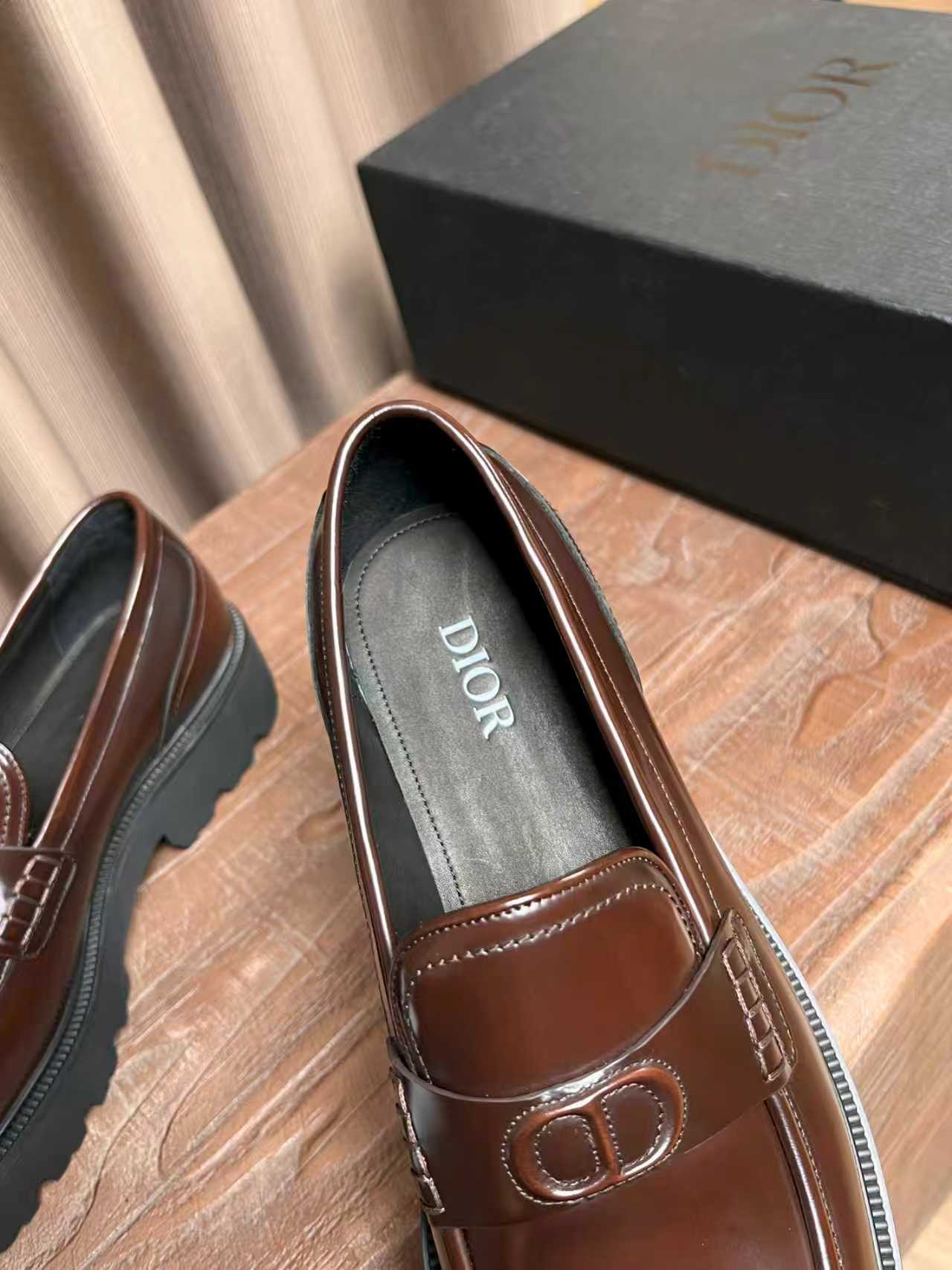 Dior unisex leather loafer, brown upper with CD buckle and stitched trim