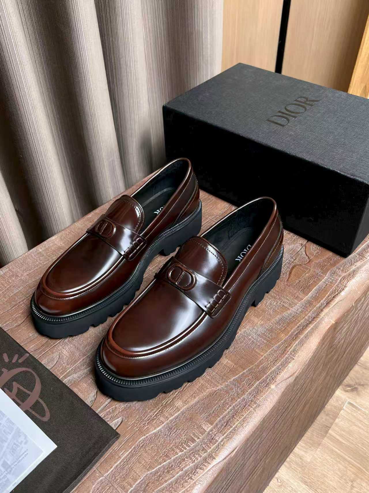 Dior unisex leather loafers, brown slip-on pair with rubber sole