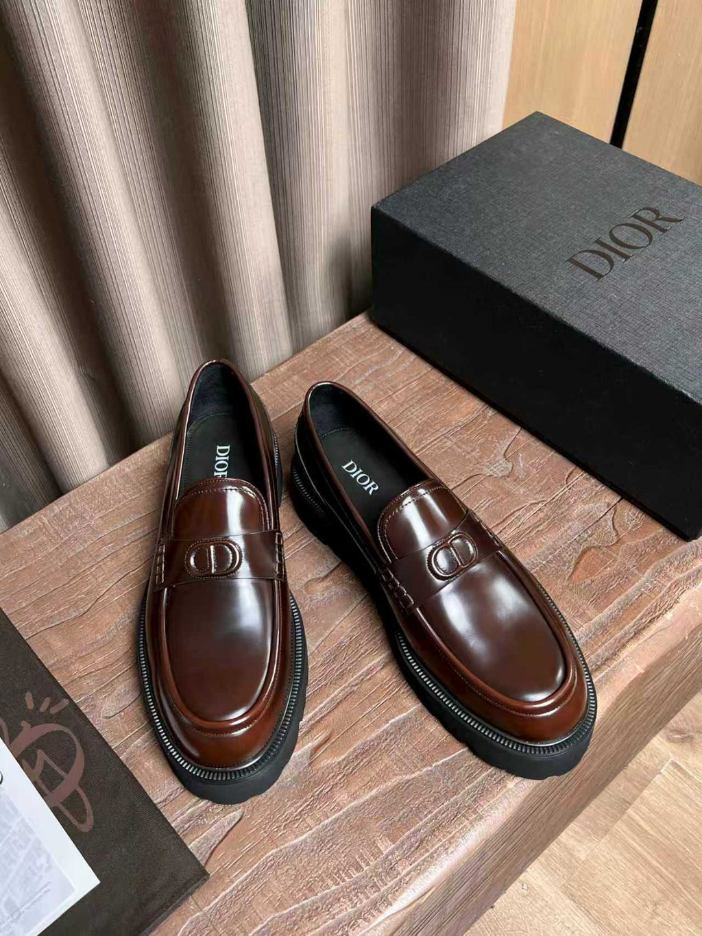 Dior unisex leather loafers, brown slip-on pair with CD buckle front