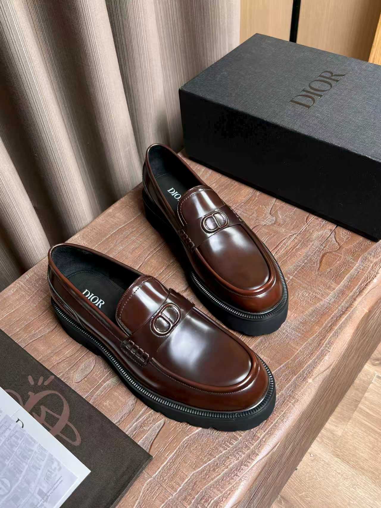 Dior unisex leather loafers, brown slip-on with CD buckle and cushioned sole