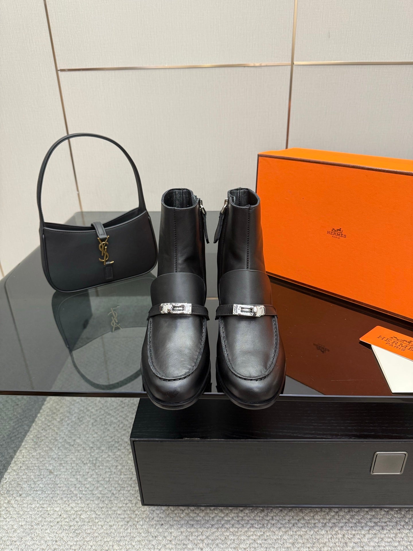 Hermes ladies black leather ankle boots with silver buckle strap and block heel