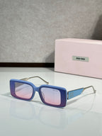 MiuMiu sunglasses with blue square frames and pink-tinted lenses
