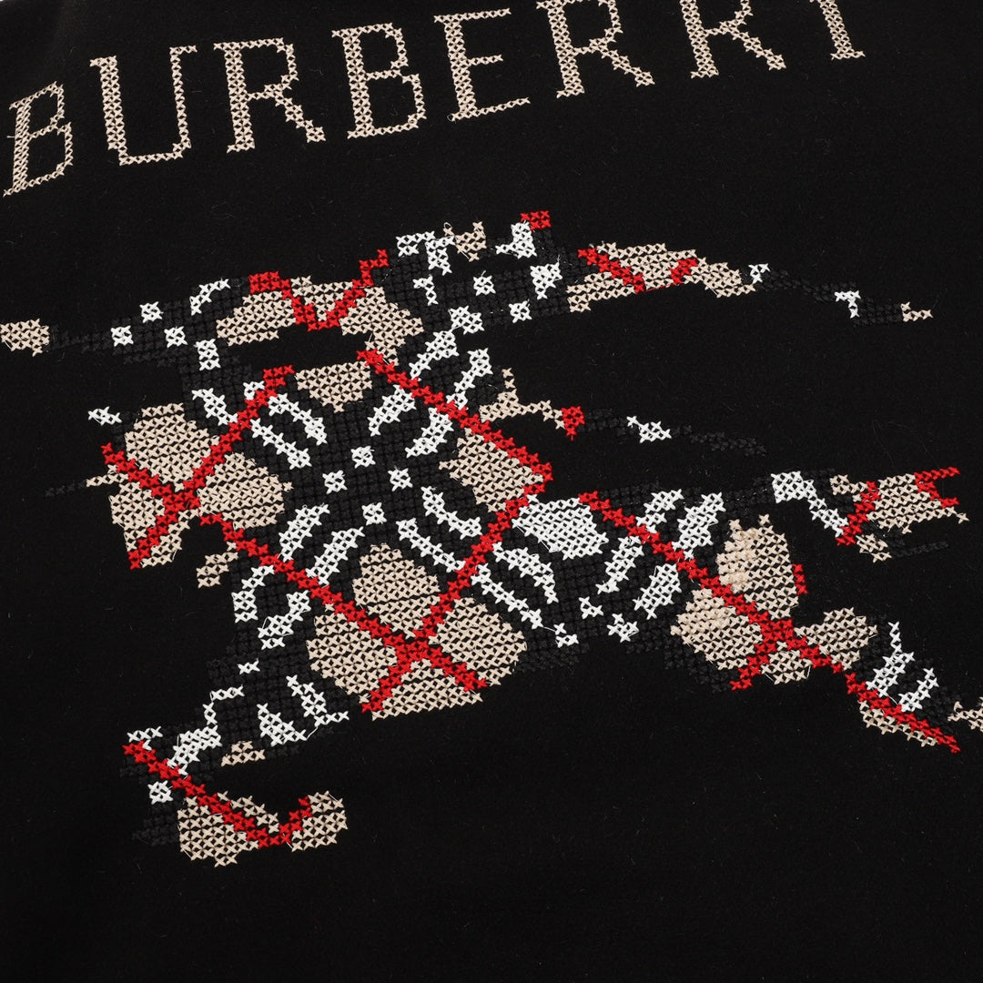 Burberry bomber jacket back with colorful embroidered graphic on black fabric