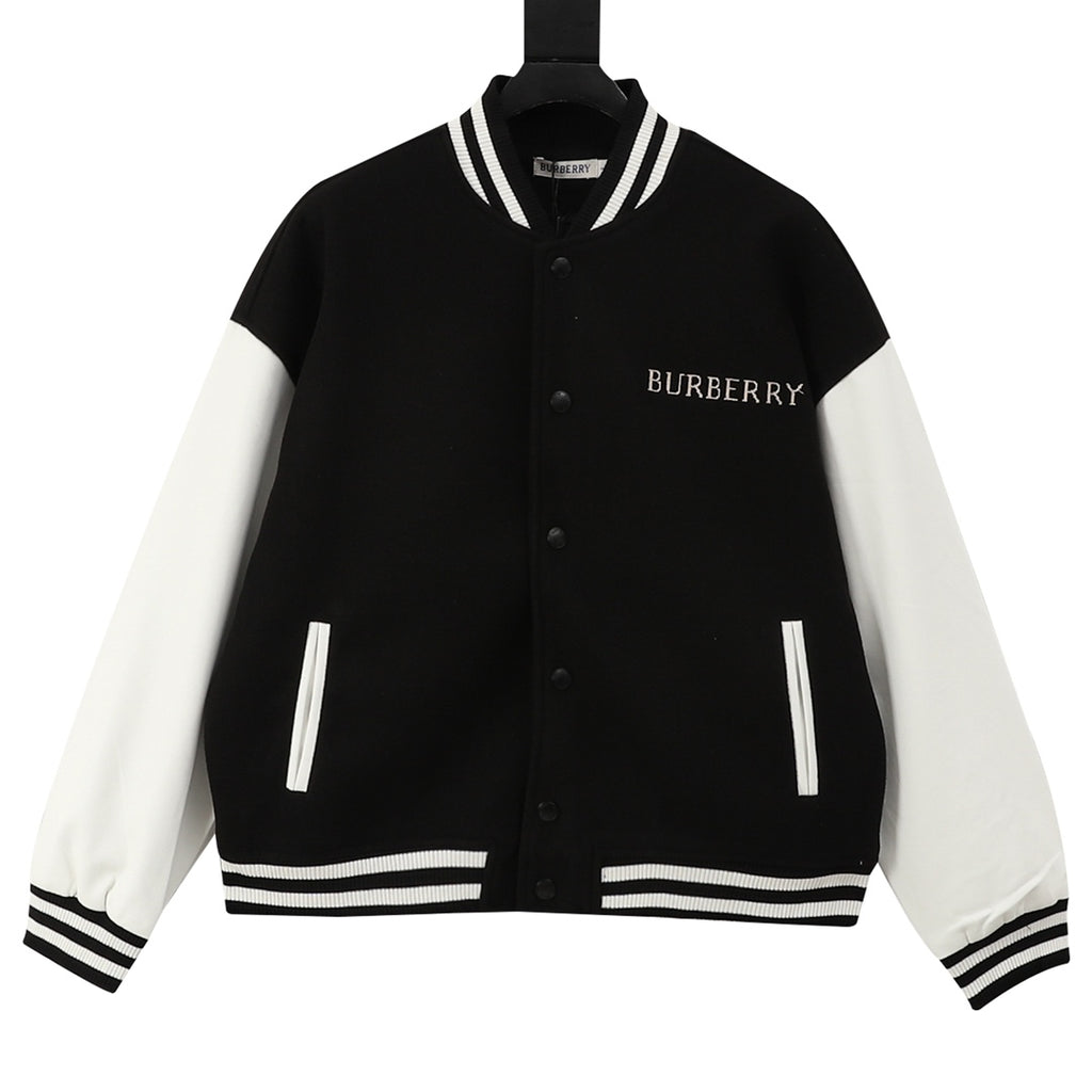 Burberry bomber jacket in black with white-striped ribbed collar and snap front