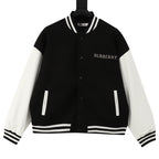 Burberry bomber jacket in black with white-striped ribbed collar and snap front