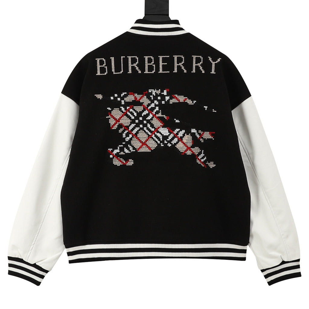 Burberry bomber jacket back view with large embroidered graphic and striped ribbed hem