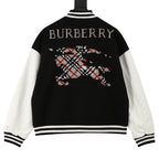 Burberry bomber jacket back view with large embroidered graphic and striped ribbed hem