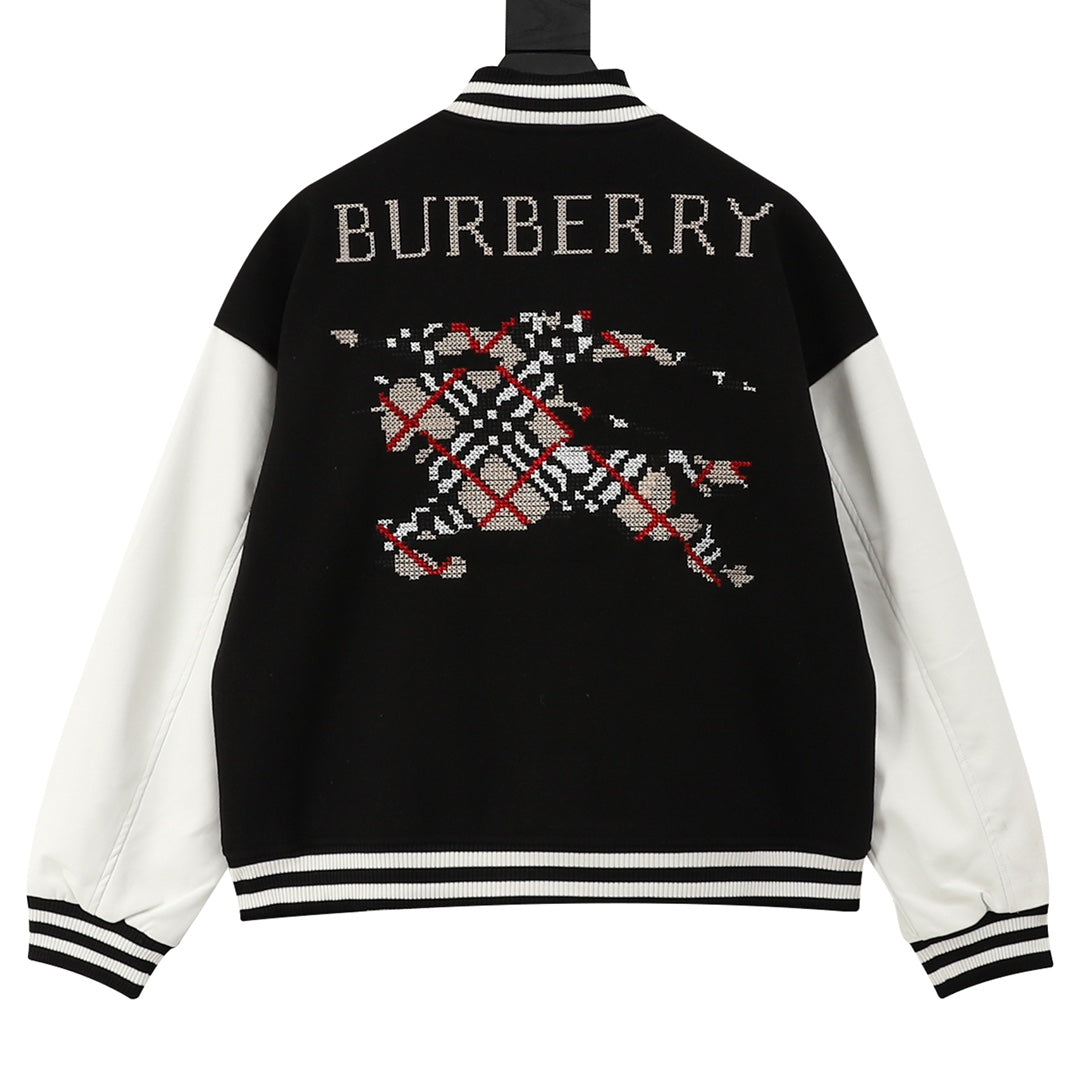 Burberry bomber jacket back view with large embroidered graphic and striped ribbed hem