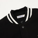 Burberry bomber jacket neckline with striped ribbed collar and button placket