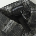 Dark gray patterned button-up shirt chest panel with label and buttons