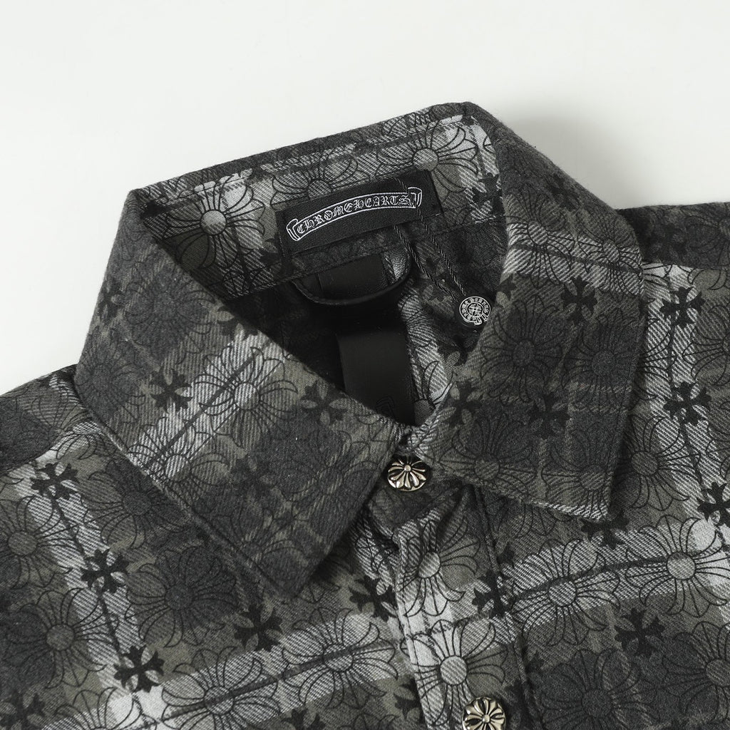 Dark gray patterned button-up shirt with pointed collar and decorative buttons
