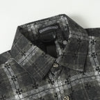 Dark gray patterned button-up shirt with pointed collar and decorative buttons