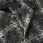 Dark gray button-up shirt front with collar, gold buttons, and placket