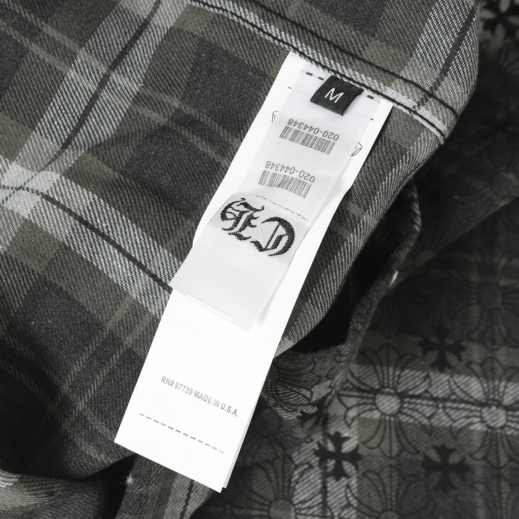 Dark plaid long-sleeve button shirt with size label