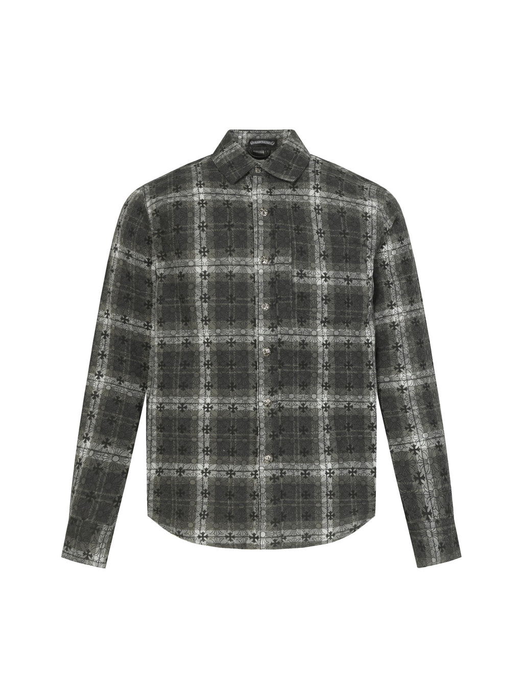 Long-sleeve button-up shirt in dark gray plaid pattern