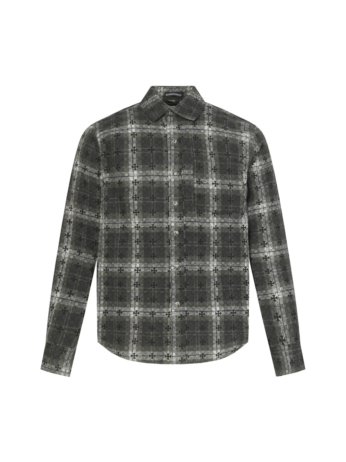 Long-sleeve button-up shirt in dark gray plaid pattern