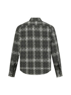 Long-sleeve button-up shirt with dark gray plaid pattern, back view