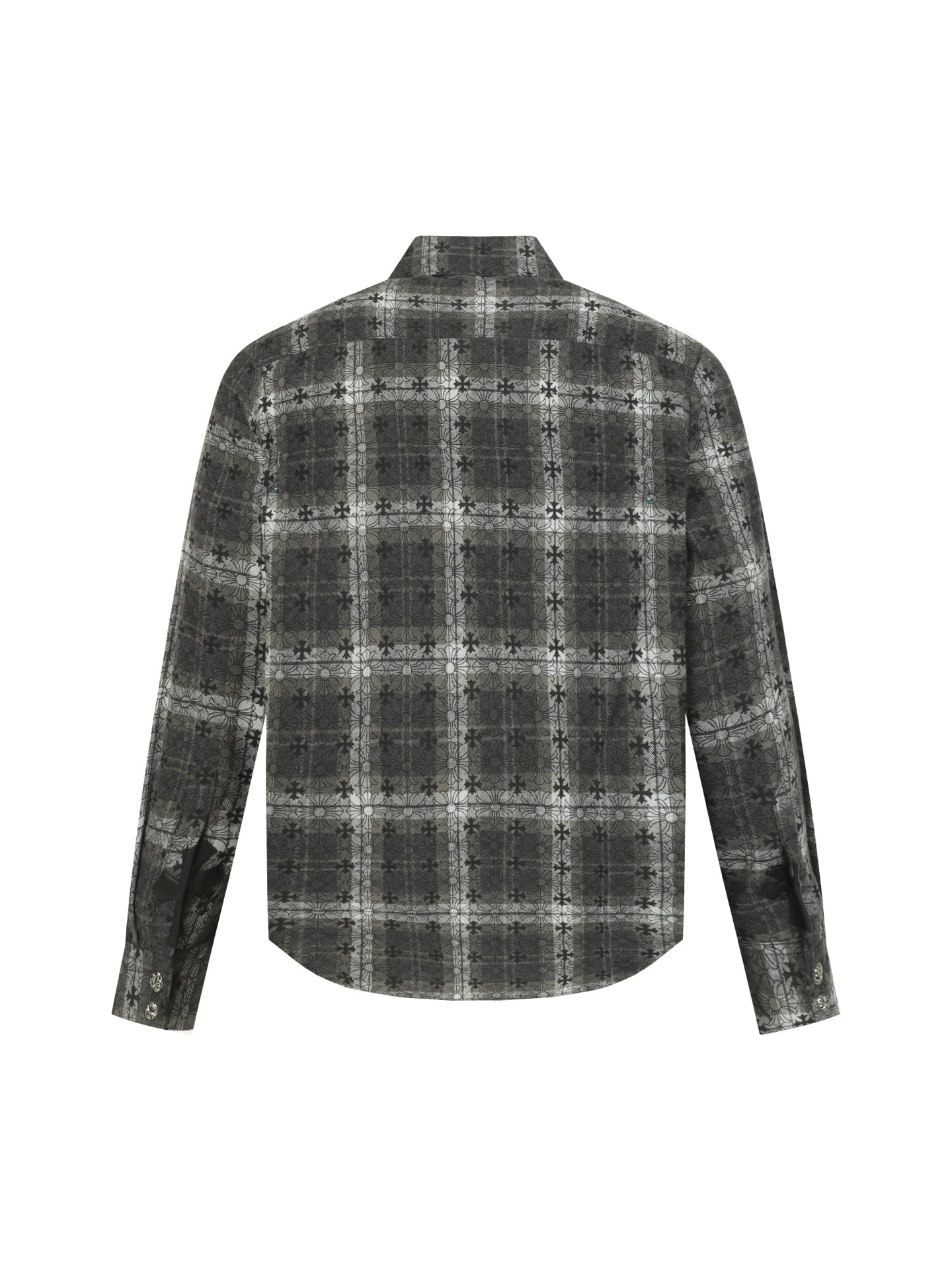 Long-sleeve button-up shirt with dark gray plaid pattern, back view