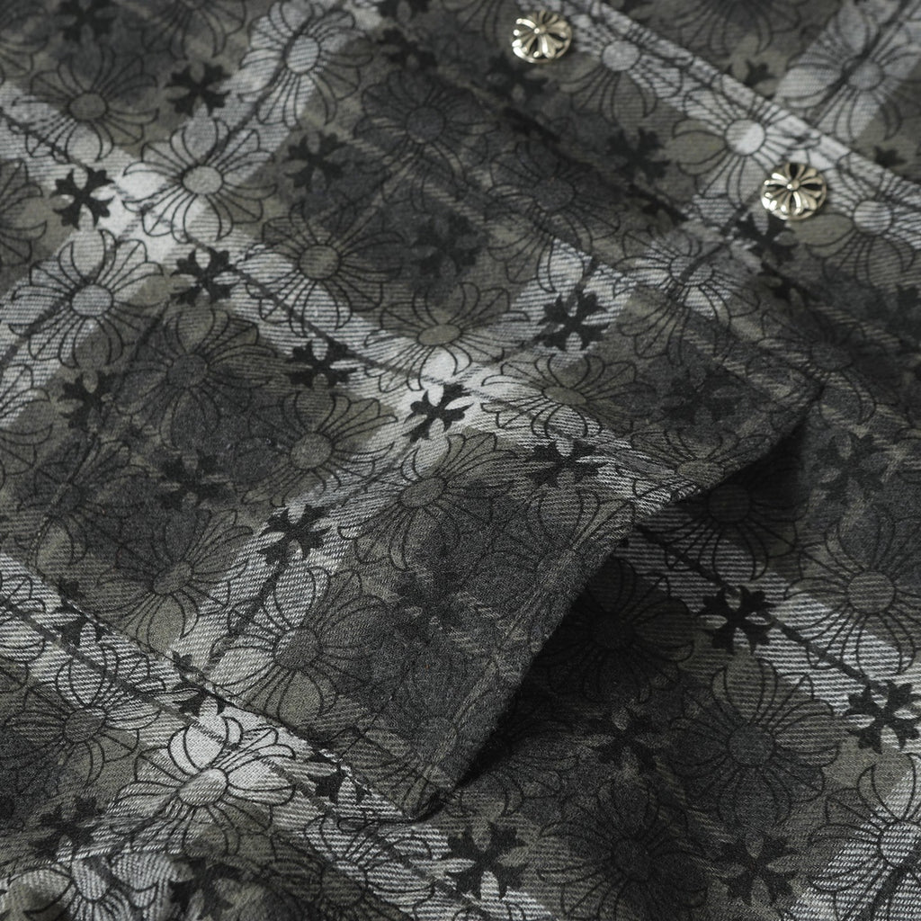 Close-up of dark gray floral-patterned button-up shirt fabric