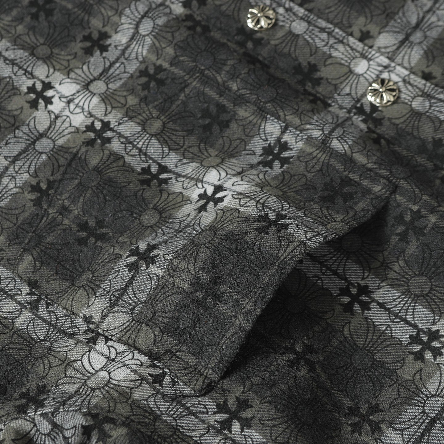 Close-up of dark gray floral-patterned button-up shirt fabric