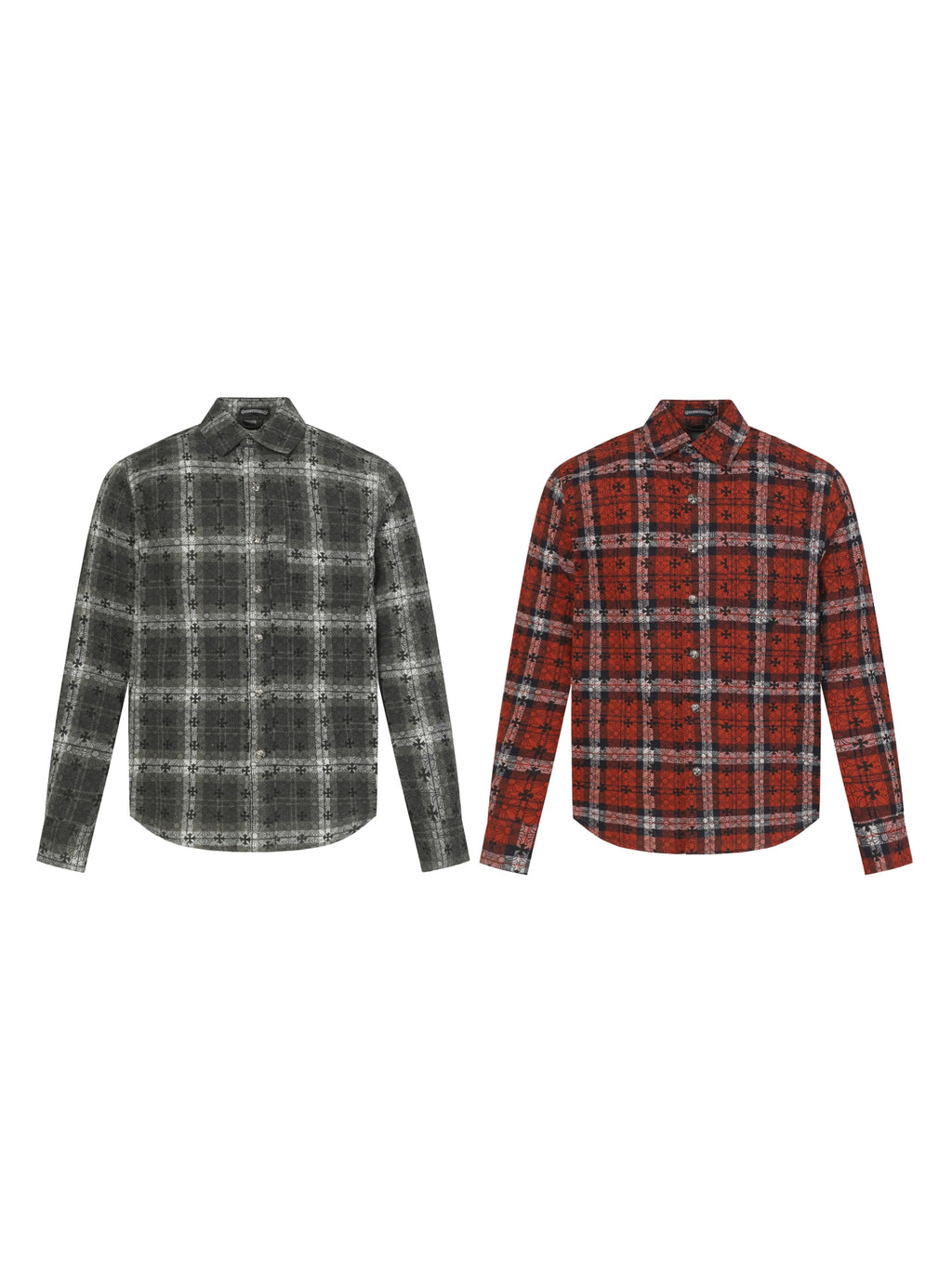 Two long-sleeve plaid shirts: gray and red button fronts