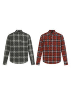 Long-sleeve button-up plaid shirts in dark gray and red, shown side by side