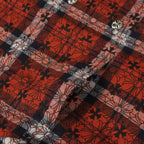 Long-sleeve shirt fabric with red floral pattern and dark plaid grid