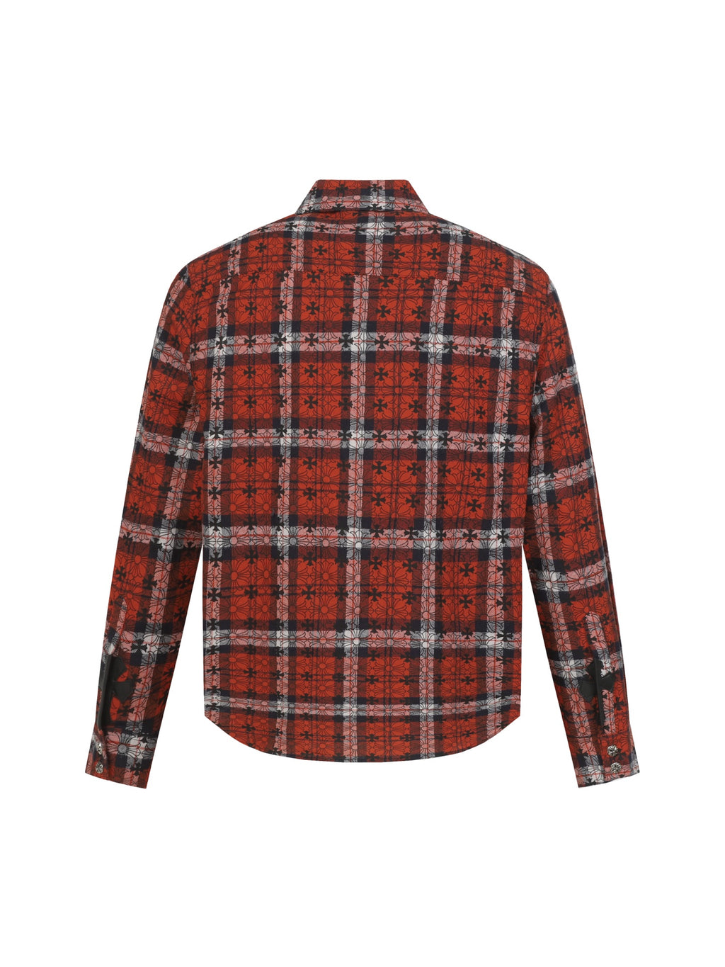 Long-sleeve button-up shirt, back view, red black white plaid with floral print