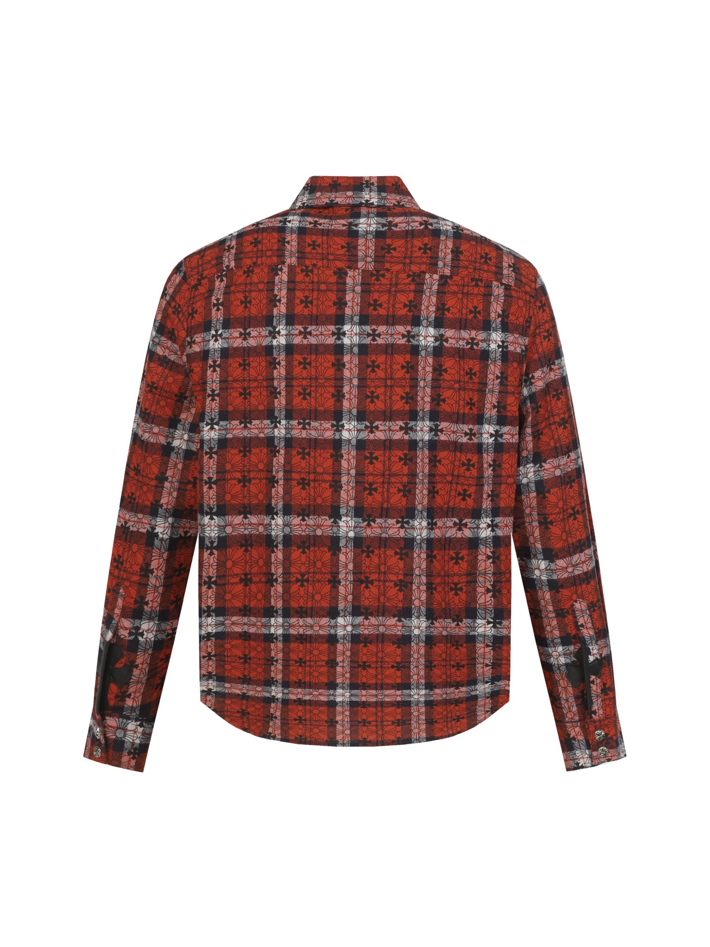 Long-sleeve button-up shirt, back view, red black white plaid with floral print
