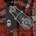 Long-sleeve shirt neckline with brand patch and attached product tags