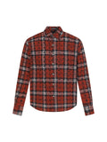 Long-sleeve button-up shirt with red, black, and white plaid and floral print