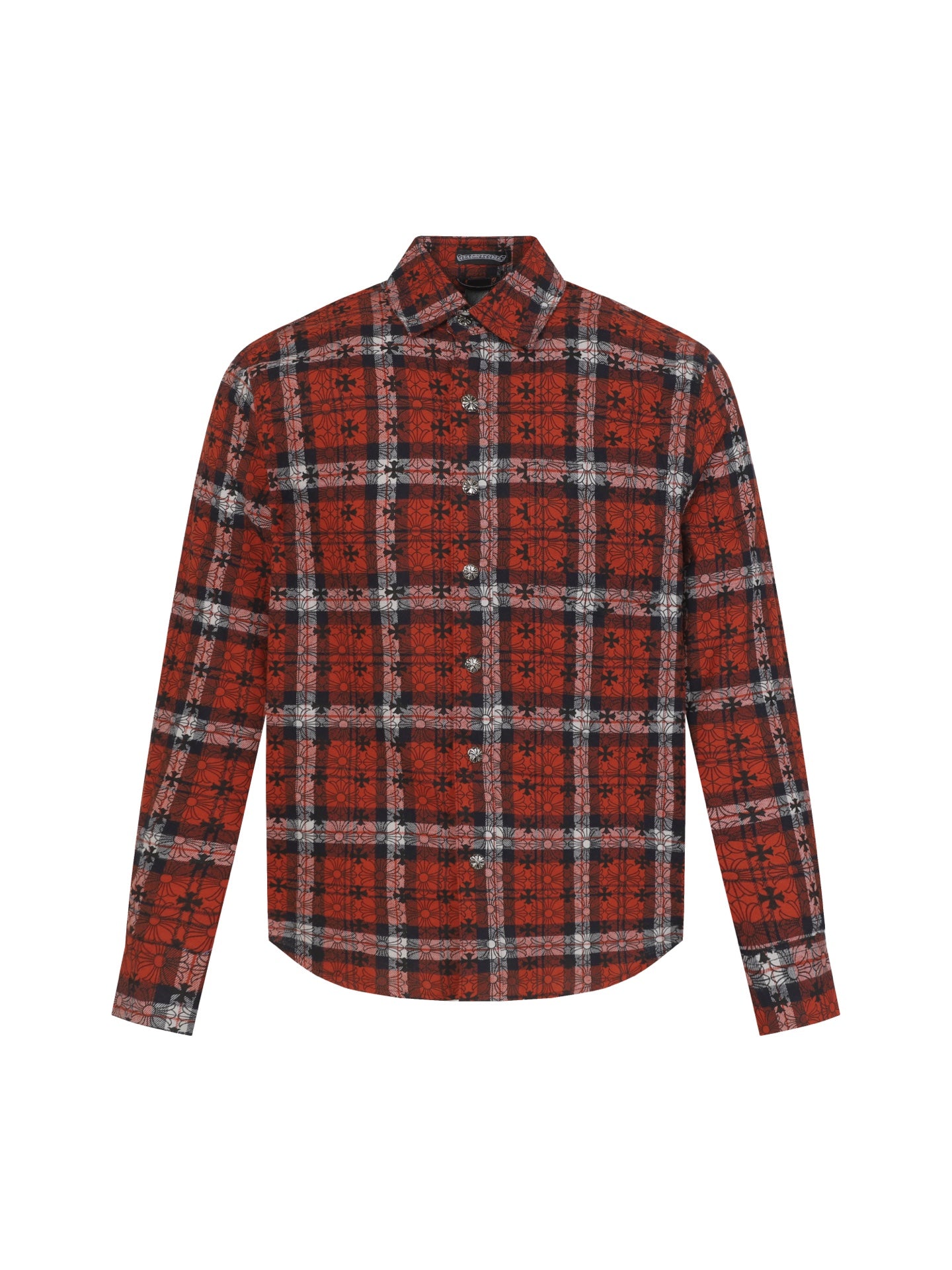 Long-sleeve button-up shirt with red, black, and white plaid and floral print