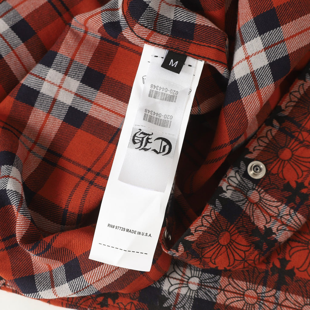Red and black long-sleeve plaid shirt with button front and size tag
