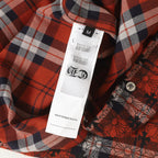 Red and black long-sleeve plaid shirt with button front and size tag