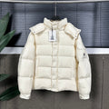 Off-white long puffer jacket with stand collar and front zip